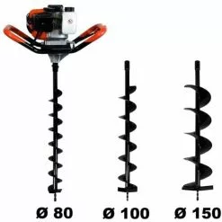 GT GARDEN Tarière Thermique 52 Cm3, 3 CV + Lot De 3 Mèches (80, 100 Et 150 Mm)